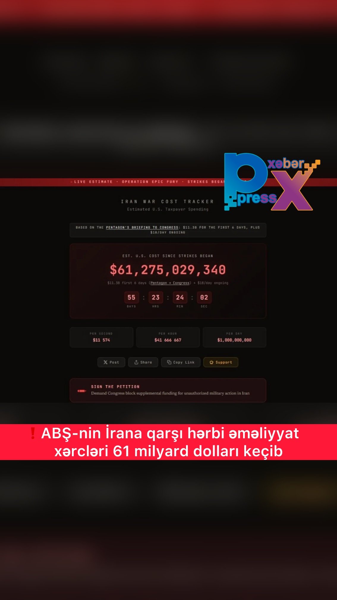 ❗️ABŞ-nin İrana qarşı hərbi əməliyyat xərcləri 61 milyard dolları keçib